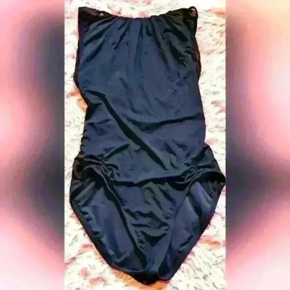 Vintage Carmen Marc Valvo Black Goth Slimming Swim Suit w/ Sheer Straps Size 6